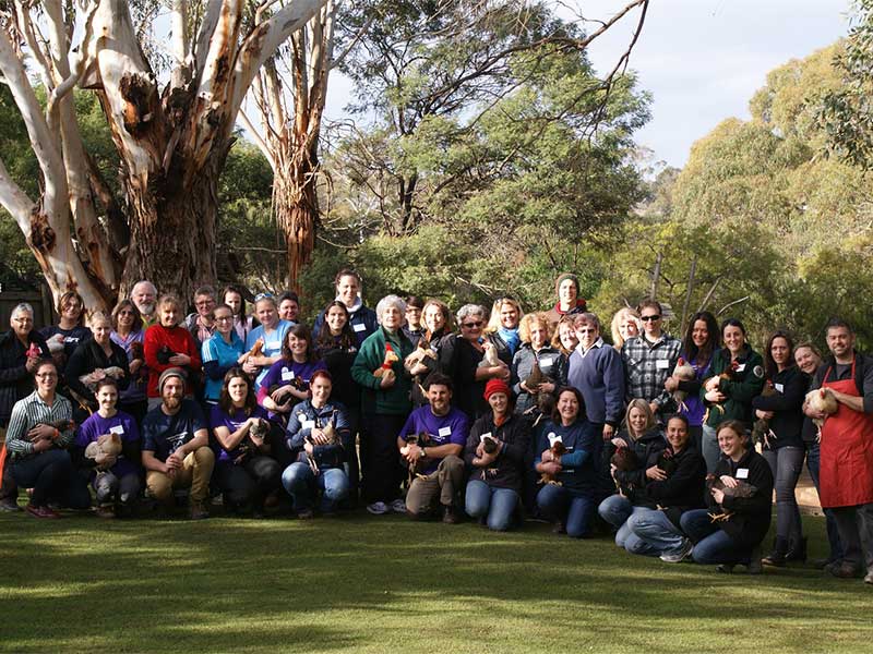 A large crowd of people gather for a picture on green grass, each holding a brown chicken. Some are kneeling, some standing, with eucalyptus trees in the background.